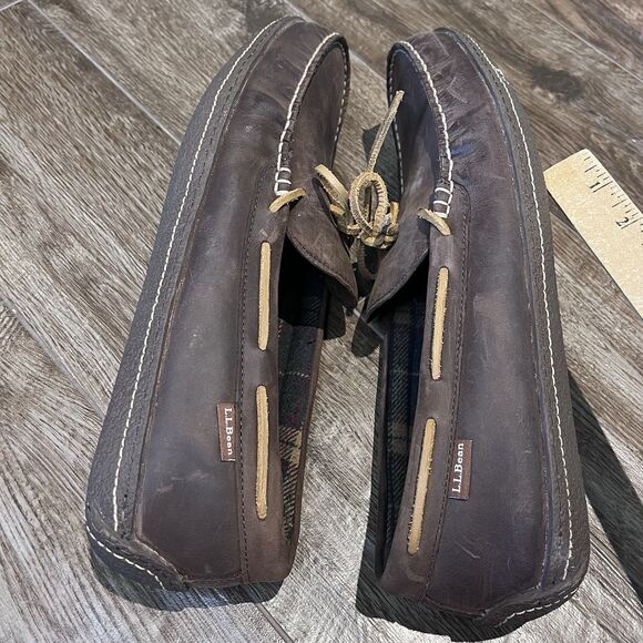 LL Bean Hand Sewn Slippers Mens 14 Dark Brown Moccasins Loafer Flannel Lined main image 11